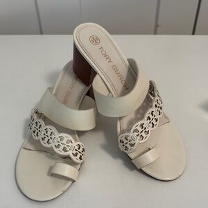 Tory Burch Ivory Leather Logo Cutout Block Heel Sandals